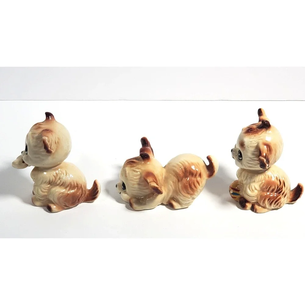 Vintage Dog Figurines Pekingese Puppies Playful Puppy Porcelain Set of 3 PLSREAD